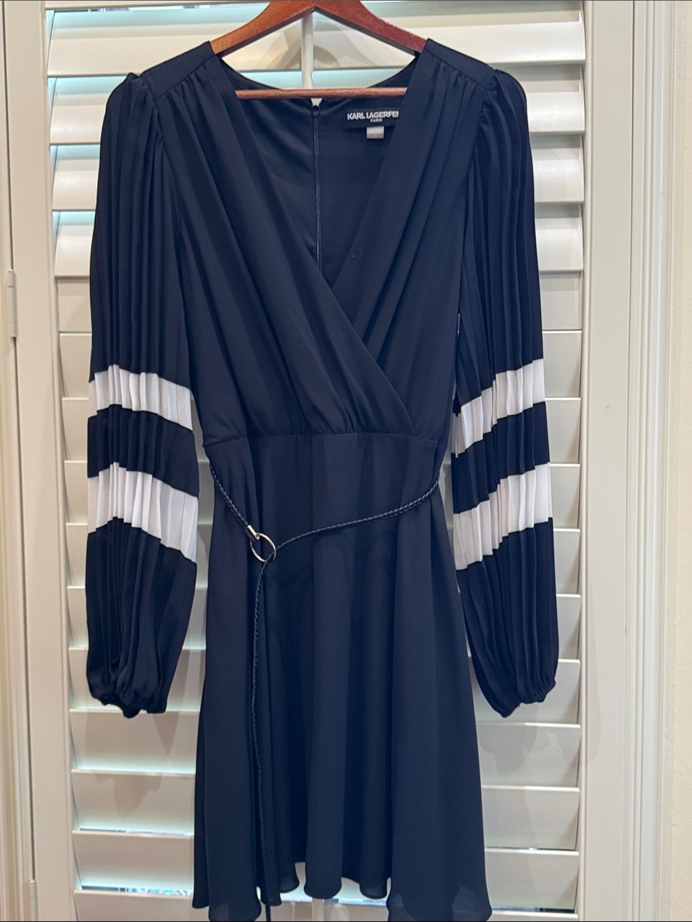 Karl Lagerfeld Black Dress with White Pleated Sleeve Stripes
